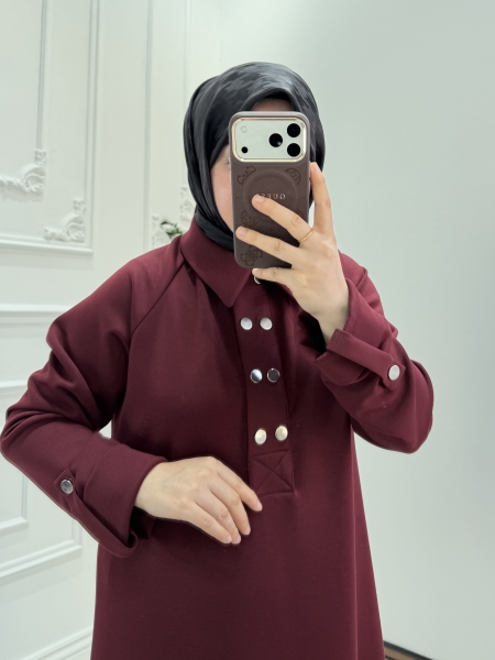 Düğmeli Oysho Elbise Bordo