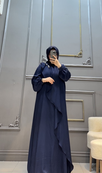 İncili Elbise Lacivert Desenli