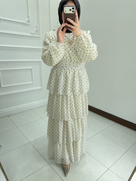 Puantiyeli Elbise Krem