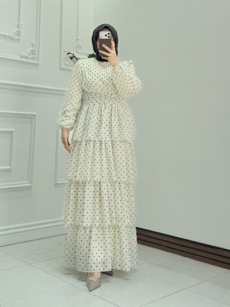 Puantiyeli Elbise Krem