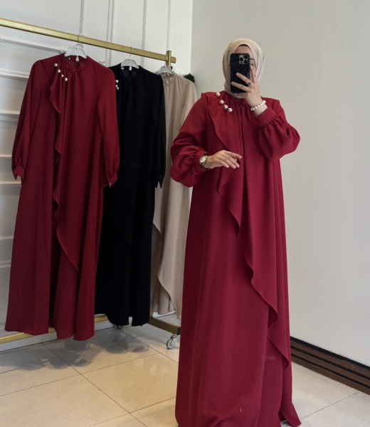 İncili Elbise Kırmızı Renk Desensiz