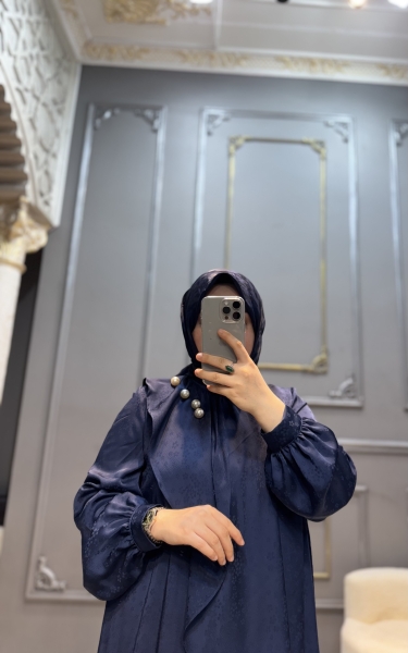 İncili Elbise Lacivert Desenli