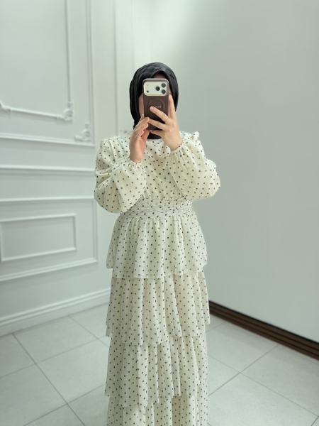 Puantiyeli Elbise Krem